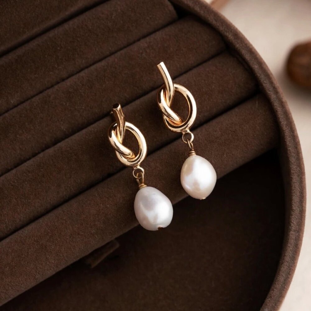 NEW Pearl Knot Drop Earrings 18kt Gold Plated Preppy Wedding Bride Timeless